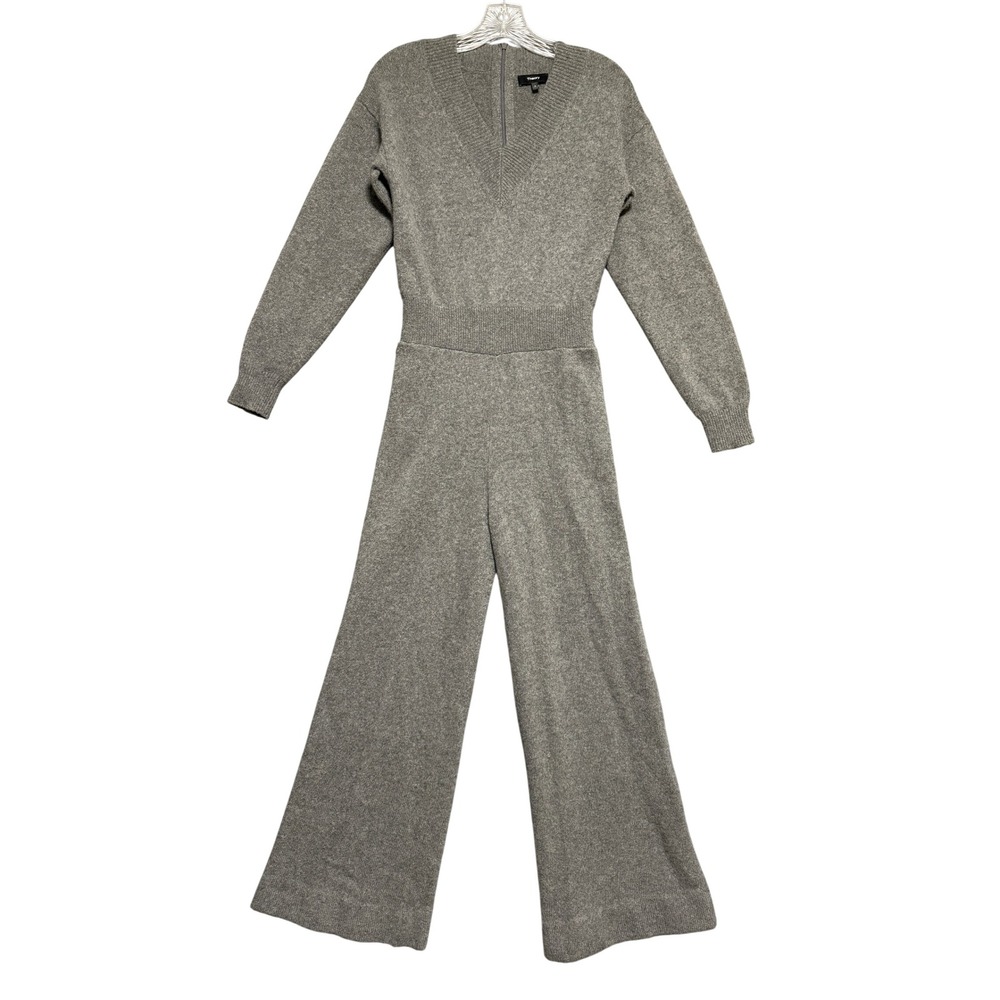 Theory Jumpsuit Women Size P Gray Wool Cashmere V-Neck Wide Leg Airy Knit Jumper